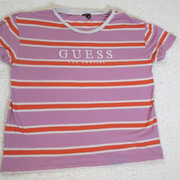 Guess Los Angeles Women's Purple Orange White Striped T-Shirt Size Medium - Picture 1 of 6